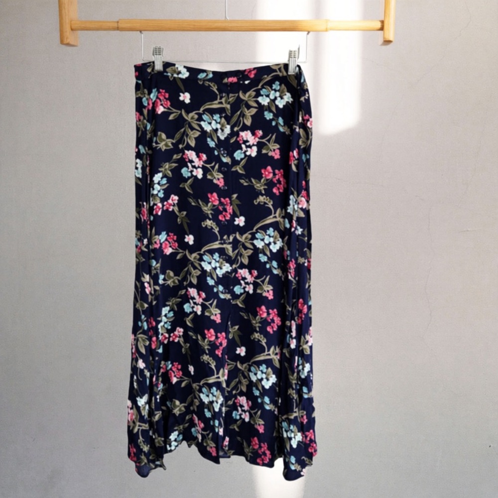 Vintage Maggie Lawrence Blue and Pink Floral Midi Button Down Skirt S